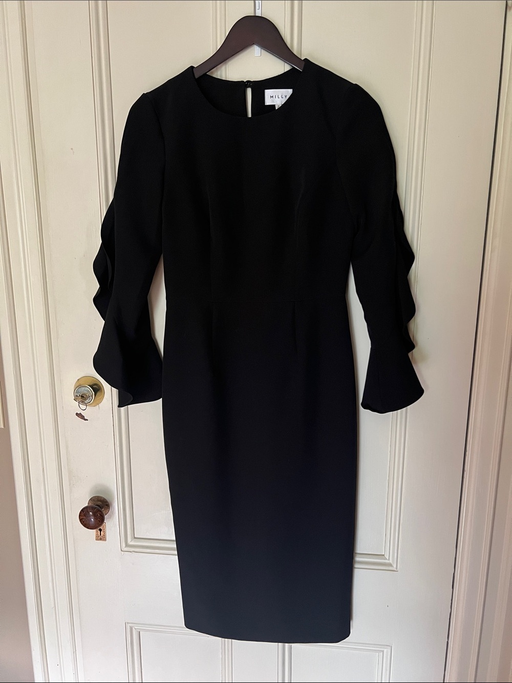 Milly Black Long-Sleeve Ruffle-Sleeve Sheath Dress